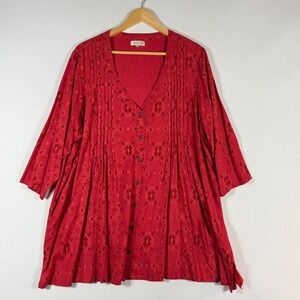 Novica XXL Tunic Red Womens Pintuck Pleated Ikat Top Boho Ethnic Artisan Artsy